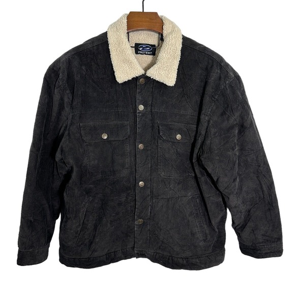 PROTEST Vintage Black Corduroy Sherpa Jacket Skate Rave Grunge XL‎ - Picture 1 of 13